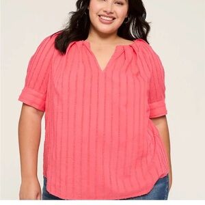 Lane Bryant Coral Pink Split V-Neck Peasant Blouse